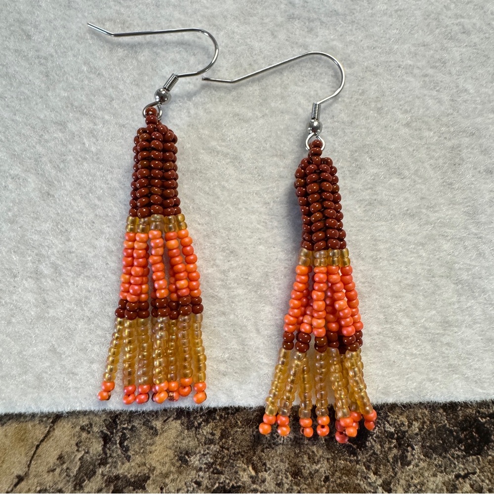 Brown Topaz Coral Orange Tassel Earrings‎ Seed Bead Jewelry Handmade 2.5”